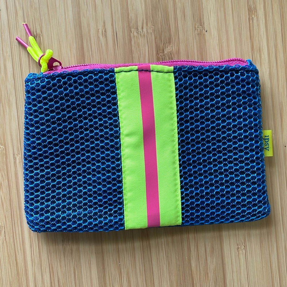 Ipsy Bag - Blue Mesh Pouch with Neon Accents